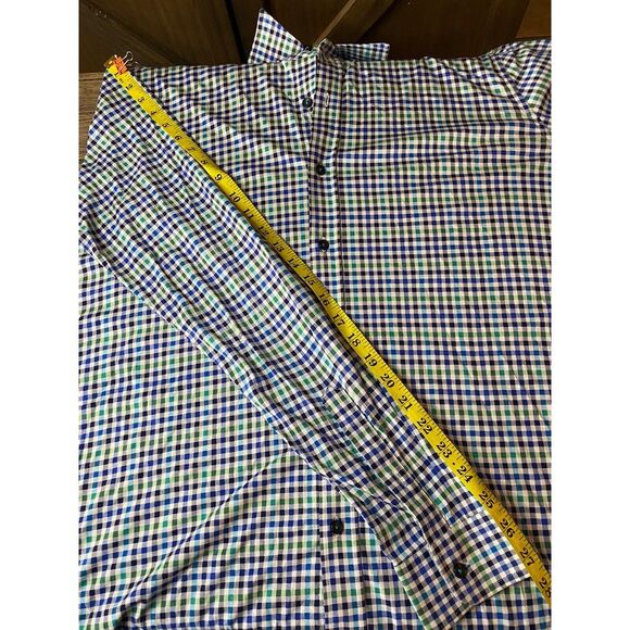 Butter Cloth Shirt Mens L Blue White Green Slim Plaid Button Long Sleeve Stretch - Picture 11 of 11